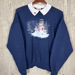Vintage Morning Sun Snowman Dog Cat Navy Blue Collared Sweatshirt Womens XL